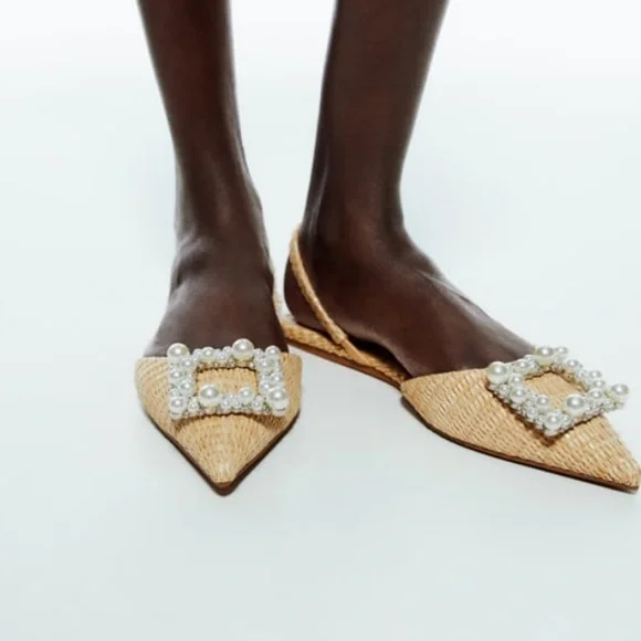 Zara pearl embellished flat slingbacks NWT - Picture 4 of 9